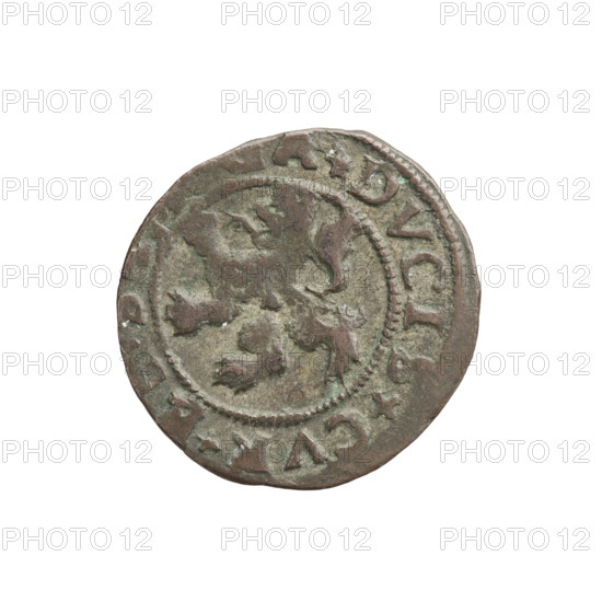 szelag, Gotard Kettler (Duke of Courland and Semigallia; 1561–1587), emblems, Kettlers (family), monogram under a crown (iconographic), Kettler (coat of arms), monograms, Lion of Courland (coat of arms). Obverse: Crowned monogram composed of the letters SA inscribed in the Kettler family coat of arms (cauldron hook). Above the date numeral 77. In the rim between the borders the inscription VA+A, GENTE Rw. Lion of Courland. In the rim between the borders the inscription +DVCI, +CVR+E, 1577. Duchy of Courland and Semigallia, Mitawa, coin, weight 0.98 g.
