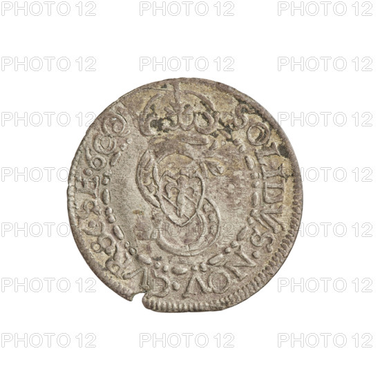 szelag, Friedrich Kettler (Duke of Courland and Semigallia; 1587–1642), Wilhelm Kettler (Duke of Courland and Semigallia; 1587–1616), Stippel, Hans (fl. 1612–1618), publisher; emblems; monogram under a crown (iconographic); Kettlers (family); Lion of Courland (coat of arms); Sheaf (family emblem; Vasa); monograms. Obverse: Crowned letter S dividing the rim legend. A shield with the Vasa coat of arms is inscribed in the monogram. In the rim between the borders: inscription 'SOLIDVS.NOV.CVR.&.SE.600' and Courland lion. Reverse rim between the borders: inscription beginning with an arrow between stars 'MONETA.DVCVM.CVRL.ET.SE'. Date: 1600. Duchy of Courland and Semigallia, Mitawa. Coin; weight 0.86 g.