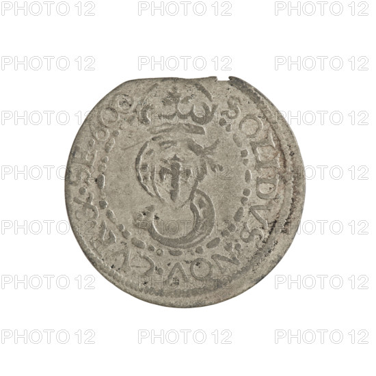 szelag, Friedrich Kettler (Duke of Courland and Semigallia; 1587–1642), Wilhelm Kettler (Duke of Courland and Semigallia; 1587–1616), Stippel, Hans (fl. 1612–1618), publisher; Lion of Courland (coat of arms); Kettlers (family); monogram under the crown; emblems; Sheaf (family emblem; Vasa); monograms; Aw. Crowned letter S dividing the rim legend. A shield with the Vasa coat of arms is inscribed within the monogram. On the rim, between the rims, the inscription: SOLIDVS.NOV.CVR.&.SE.600. Rw. Courland Lion. On the rim, between the rims, an inscription beginning with an arrow between stars: MONETA.DVCVM.CV,L.ET.,E-, 1600. Duchy of Courland and Semigallia, Mitau; coin; weight 1.01 g.