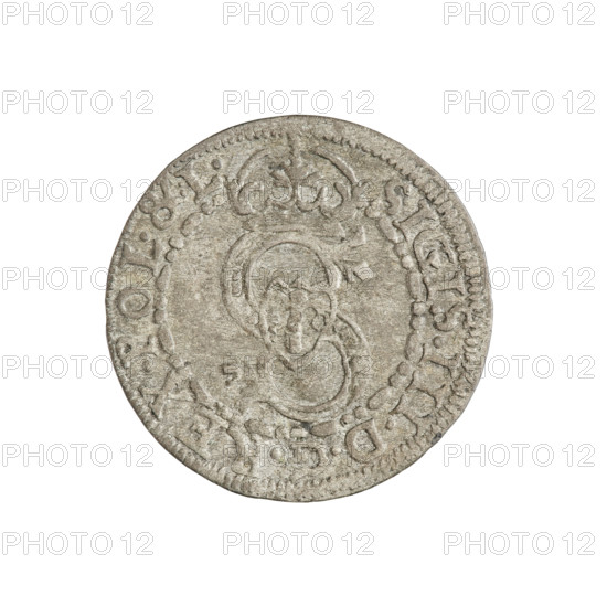 Szelag (coin), 1604. Obverse: crowned monogram with a shield inscribed with the Vasa coat of arms; crowned letter S dividing the rim legend; inscription on rim between borders: SIGIS.III.DGREX.POL.&.L. Reverse: Lion of Courland (coat of arms); inscription on rim between borders with an arrow between the numerals of the date dividing the legend: SOLIDVS.DVCVM.CVRL.&.SE.16 - 04. Makers/associations: Friedrich Kettler (Duke of Courland and Semigallia; 1587–1642), Wilhelm Kettler (Duke of Courland and Semigallia; 1587–1616); Hans Stippel (fl. 1612–1618), publisher. Emblems/attributes: Kettlers (family), Sheaf (family emblem; Vasa), monograms. Place: Mitawa, Duchy of Courland and Semigallia. Weight: 1.11 g. Rarity: R7.