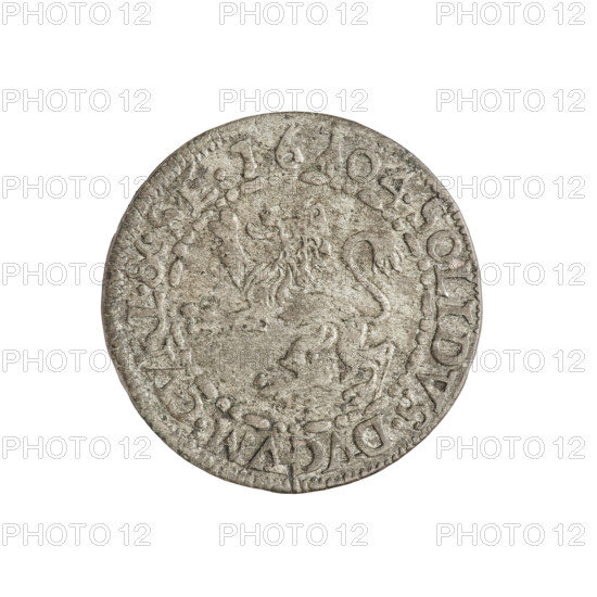 szelag, Friedrich Kettler (Duke of Courland and Semigallia; 1587–1642), Wilhelm Kettler (Duke of Courland and Semigallia; 1587–1616), Stippel, Hans (fl. 1612–1618), publisher; Lion of Courland (coat of arms); monogram under a crown (iconographic); emblems; Kettlers (family); Sheaf (family emblem; Vasa); monograms; R7 (rarity); crowned letter S dividing the rim legend. A shield with the Vasa coat of arms is inscribed within the monogram. On the rim, between the borders, the inscription SIGIS.III.DGREX.POL.&.L. Reverse: Courland Lion. On the rim, between the borders, the inscription, with an arrow dividing the legend between the numerals of the date: SOLIDVS.DVCVM.CVRL.&.SE.16-04. 1604. Duchy of Courland and Semigallia, Mitawa. Coin; weight 1.11 g.