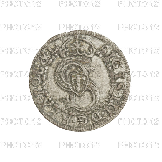 Szelag; Friedrich Kettler (Duke of Courland and Semigallia, 1587–1642) and Wilhelm Kettler (Duke of Courland and Semigallia, 1587–1616); Hans Stippel (fl. 1612–1618), publisher; monogram under a crown (iconographic); Kettlers (family); Lion of Courland (coat of arms); emblems; Sheaf (family emblem; Vasa); monograms; R7 (rarity). Obverse: crowned letter S dividing the rim legend, a shield with the Vasa coat of arms inscribed within the monogram, rim inscription SIGIS.III.DGREX.POL.&.L. Reverse: Courland lion, rim inscription DVCVM.CVRL.&.SE.16, date 1604, arrow dividing the legend between the date numerals. Duchy of Courland and Semigallia, Mitawa; coin; weight 0.68 g.