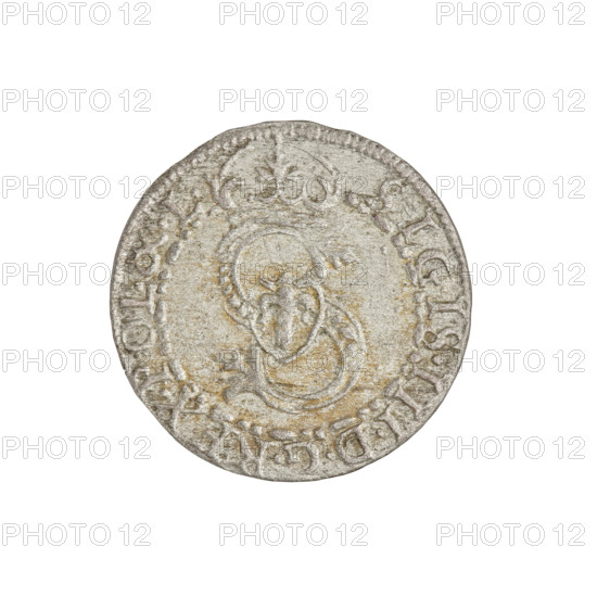 szelag; Friedrich Kettler (Duke of Courland and Semigallia; 1587–1642); Wilhelm Kettler (Duke of Courland and Semigallia; 1587–1616); Stippel, Hans (fl. 1612–1618), publisher; emblems; Kettlers (family); monogram under a crown (iconographic); Lion of Courland (coat of arms); monograms; Sheaf (family emblem; Vasa). Obverse: Crowned letter S dividing the rim legend; a shield with the Vasa coat of arms inscribed in the monogram; rim inscription SIGIS.III.DGREX.POL.&.L. Reverse: Courland lion; rim inscription with an arrow dividing the legend between the numerals of the date: SOLIDVS.DVCVM.CVRL.&.S.16 - 05. Date: 1605. Place: Duchy of Courland and Semigallia, Mitawa. Object: coin (szelag). Weight: 0.91 g.