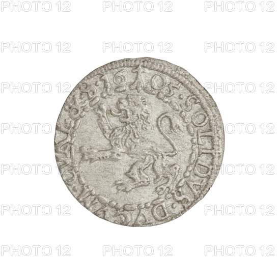 szelag, Friedrich Kettler (Duke of Courland and Semigallia; 1587–1642), Wilhelm Kettler (Duke of Courland and Semigallia; 1587–1616), Stippel, Hans (fl. 1612–1618), publisher; emblems; Kettlers (family); monogram under a crown (iconographic); Lion of Courland (coat of arms); monograms; Sheaf (family emblem; Vasa). Obverse: Crowned letter S dividing the rim legend; a shield with the Vasa coat of arms is inscribed in the monogram. Rim between borders inscription: SIGIS.III.DGREX.POL.&.L. Reverse: Courland lion; rim between borders inscription with an arrow dividing the legend between the numerals of the date: SOLIDVS.DVCVM.CVRL.&.S.16 - 05. Date: 1605. Duchy of Courland and Semigallia, Mitawa. Coin; weight 0.91 g.