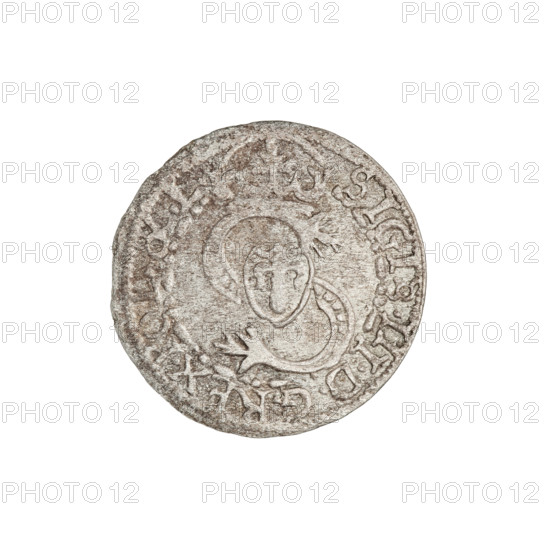 szelag, Friedrich Kettler (Duke of Courland and Semigallia; 1587–1642), Wilhelm Kettler (Duke of Courland and Semigallia; 1587–1616), Stippel, Hans (fl. 1612–1618), publisher; emblems of the Kettlers; monogram under a crown (iconographic); Lion of Courland (coat of arms); Sheaf (family emblem; Vasa); monograms. Obverse: crowned letter S dividing the rim legend; a shield with the Vasa coat of arms inscribed within the monogram. Rim inscription: SIGIS.III.DGREX.POL.&.L. Reverse: Courland lion. Rim inscription with arrow dividing the legend between numerals of the date: SOLIDVS.DVX.CVRLA.&.S.16 - 06. Date: 1606. Duchy of Courland and Semigallia, Mitawa. Coin (szelag), weight 0.90 g.