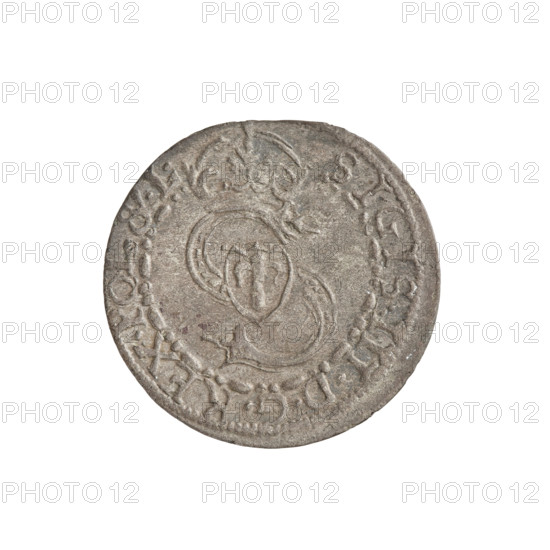 szelag, Friedrich Kettler (Duke of Courland and Semigallia; 1587–1642), Wilhelm Kettler (Duke of Courland and Semigallia; 1587–1616), Stippel, Hans (fl. 1612–1618), publisher, monogram under a crown (iconographic), Kettlers (family), Lion of Courland (coat of arms), Sheaf (family emblem; Vasa), emblems, monograms. Obv.: Crowned letter S dividing the rim legend. A shield with the Vasa coat of arms is inscribed in the monogram. In the rim between the borders, the inscription: SIGIS.III.DGREX.POL.&.L. Rev.: Courland lion. In the rim between the borders, the inscription, between the numerals of the date in the rim, an arrow dividing the legend: SOLIDVS.DVCVM.CVRL.&.S.16 - 07. Date: 1607. Duchy of Courland and Semigallia, Mitawa. Coin. Weight: 0.90 g.