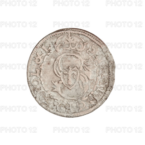 szelag; Friedrich Kettler (Duke of Courland and Semigallia; 1587–1642); Wilhelm Kettler (Duke of Courland and Semigallia; 1587–1616); Stippel, Hans (fl. 1612–1618), publisher; Szymonski, Jan (1887–1954) — emblems; Kettlers (family); monogram under the crown (iconographic); Lion of Courland (coat of arms); Sheaf (family emblem; Vasa); monograms; R6 (rarity). Obverse: crowned letter S dividing the rim legend; a shield with the Vasa coat of arms inscribed within the monogram; rim inscription SIG.III.DGREX.POL.&.L. Reverse: Courland Lion; rim inscription SOLIDVS DVCVM CVRL&SE with an arrow dividing the legend between the digits of the date; date 1610. Duchy of Courland and Semigallia, Mitawa; coin; weight 0.84 g.