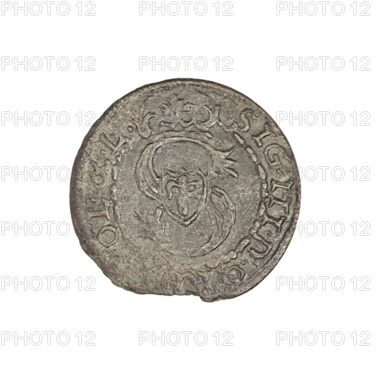 szelag, Friedrich Kettler (Duke of Courland and Semigallia; 1587–1642), Wilhelm Kettler (Duke of Courland and Semigallia; 1587–1616), Stippel, Hans (fl. 1612–1618), publisher; emblems; monogram under a crown (iconographic); Lion of Courland (coat of arms); Kettlers (family); monograms; Sheaf (family emblem; Vasa). Obverse: Crowned letter S dividing the rim legend. A shield with the Vasa coat of arms is inscribed in the monogram. In the rim between the borders, the inscription SIG.III.DGREX.POL.&.L. Reverse: Courland lion. In the rim between the borders, inscription with an arrow dividing the legend: SOLIDVS, CVM CVRL&SE6 – between the numerals of the date in the rim, an arrow dividing the legend. Date: 1610. Duchy of Courland and Semigallia, Mitawa. Coin, weight 0.81 g.
