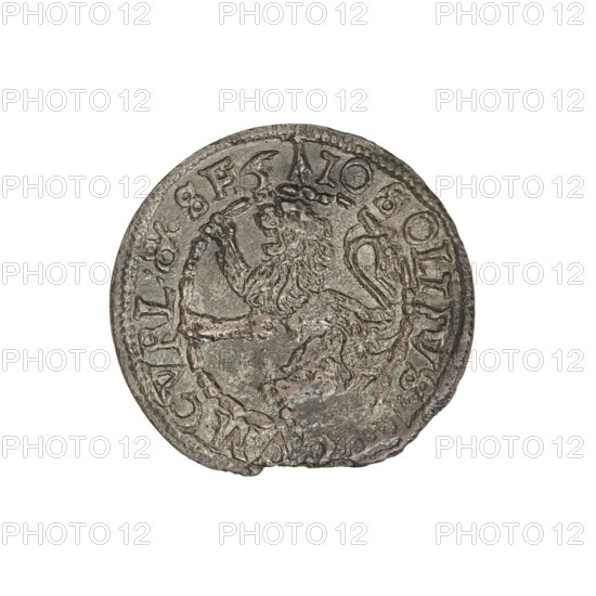 szelag; Friedrich Kettler (Duke of Courland and Semigallia; 1587–1642); Wilhelm Kettler (Duke of Courland and Semigallia; 1587–1616); Hans Stippel (fl. 1612–1618), publisher; emblems; monogram under a crown (iconographic); Lion of Courland (coat of arms); Kettlers (family); monograms; Sheaf (family emblem; Vasa). Obverse: crowned letter S dividing the rim legend; a shield with the Vasa coat of arms inscribed in the monogram. Rim between borders inscription: SIG.III.DGREX.POL.&.L. Reverse: Courland lion. Rim between borders inscription, between the numerals of the date in the rim an arrow dividing the legend: SOLIDVS, CVM CVRL&SE6. Date: 1610. Duchy of Courland and Semigallia, Mitawa. Coin, weight 0.81 g.