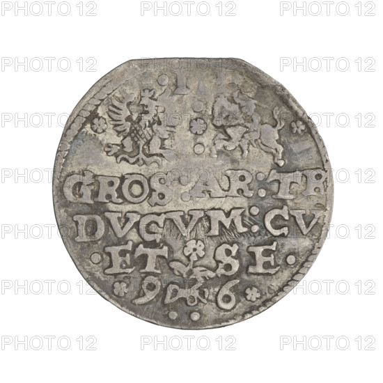 Trojak (with a bust of Frederick Kettler). Obverse: in border a male bust in armor decorated with a ruff facing right, separating a rim inscription beginning and ending with a rosette MON.ARG.DVCVM.CV.E.SE. Reverse: in the border the Eagle and the Pogon (Chaser), with one rosette on each side; coats of arms separated by a rosette between the points. Above the value numeral .III. Below an inscription in four lines, the two lower lines separated by a flower on a stem: GROS:AR:TR/DVCVM:CV/.ET - SE./9 - 6. On both sides of the date, one rosette, below two points. 1596. Duchy of Courland and Semigallia, Mitawa. Coin; weight 2.22 g. Portrait/bust of Frederick Kettler (Duke of Courland and Semigallia; 1587–1642). Maker/publisher: Krzysztof Pipenstock (fl. 1569–1600). Emblems: Kettlers, White Eagle, Pogon. Subjects: princely male busts, male busts in armor and a ruff, male portraits facing right; iconography of Frederick Kettler and Wilhelm Kettler.
