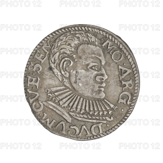 Trojak (with a bust of Frederick Kettler). Obverse: in the border a male bust in armor decorated with a ruff facing right, separating in two places the rim inscription .MO.ARG. - DVCVM.CV.E.SEM. Reverse: in the border the White Eagle and the Pogon, one rosette on each side; coats of arms separated by a rosette between the points. Above the value numeral .III.; below, inscription in five lines (the two lower lines separated by a flower on a stem): GROSS:ARG/TRIP:DVC/VM:CVR/ET - SE/9 - 6; on both sides of the fourth line one rosette. Depicts Frederick Kettler (Duke of Courland and Semigallia; 1587–1642) and Wilhelm Kettler (Duke of Courland and Semigallia; 1587–1616). Maker/publisher: Krzysztof Pipenstock (fl. 1569–1600). Iconography: princely busts, male busts with a ruff and in armor, male portraits facing right. Date: 1596. Place: Duchy of Courland and Semigallia, Mitawa. Coin; weight 2.04 g. R6 (rarity).