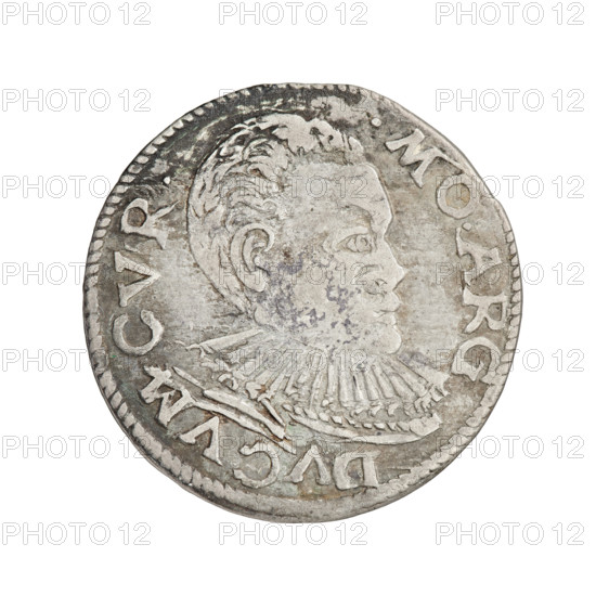 Trojak (with a bust of Frederick Kettler). Obverse: male bust of Frederick Kettler (Duke of Courland and Semigallia; 1587–1642) in armor decorated with a ruff, facing right, separating the rim inscription '.MO.ARG - DVCVM.CVR.' Right border: an eagle and a chase, with rosettes between them and above the value numeral 'III'. Below, a four-line inscription with date digits separated by a rosette: 'GROS.ARTR/DVCVM CV/.ET SE./9 - 7' — 1597. Features: emblems of the Kettler family (White Eagle, Pogon), portraits/bust iconography (male busts, princely busts, male busts with a ruff and in armor, portraits facing right). Maker/publisher: Krzysztof Pipenstock (fl. 1569–1600). Date and place: 1597, Duchy of Courland and Semigallia, Mitawa. Coin; weight 2.23 g.