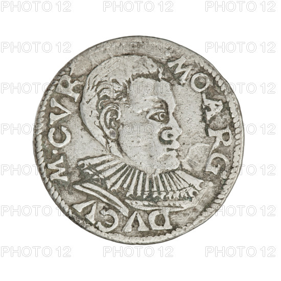 Trojak (with a bust of Frederick Kettler), Frederick Kettler (Duke of Courland and Semigallia; 1587–1642), Wilhelm Kettler (Duke of Courland and Semigallia; 1587–1616), Pipenstock, Krzysztof (fl. 1569–1600), publisher; emblems; Kettlers (family); Frederick Kettler — iconography; busts; White Eagle (coat of arms); Pogon (coat of arms); princely busts; male busts with a ruff and in armour; busts of rulers facing right; portraits of rulers with bare head; R6 (rarity). Obverse: in the border a male bust in armour decorated with a ruff, facing right, separating the rim inscription MO ARG. - DVCV - M.CVR - . Reverse: in the border an Eagle and a Chaser, with single rosettes between them; above the value numeral III; below a three-line inscription with a rosette: GROS.ARTR/DVCVM CV/.ET - SE./. Date: 1596–1597. Place: Duchy of Courland and Semigallia, Mitawa. Coin, weight 2.17 g.