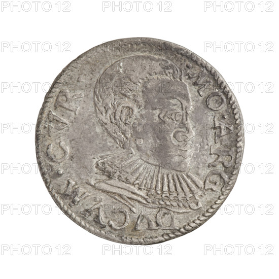 Trojak (with a bust of Frederick Kettler). Obverse: in the border a male bust in armor decorated with a ruff, facing right, dividing the rim inscription in two places: .MO.ARG. - DVCVM.CVR. Reverse: in the border an Eagle and a Pogon, on both sides and between them a single rosette; above the value numeral III; below a three-line inscription with a rosette: GROS.AR.TR/DVCVM.CV/.ET.SE. Depicts Frederick Kettler (Duke of Courland and Semigallia; 1587–1642) and Wilhelm Kettler (Duke of Courland and Semigallia; 1587–1616). Publisher: Krzysztof Pipenstock (fl. 1569–1600). Emblems: Kettlers, White Eagle, Pogon. Type: princely/male busts—male portraits facing right, male portraits in armor and a ruff, busts of a ruler in armor/bare head. Date: 1596–1597. Place: Duchy of Courland and Semigallia, Mitawa. Coin (trojak). Weight: 2.11 g. Rarity: R6.