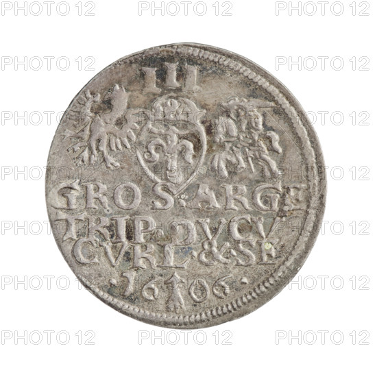 Trojak (with a bust of Frederick Kettler). Obverse: In the border, a male bust facing right with long hair and a beard, in armour decorated with a collar, separating the rim inscription MONETA.DVCVM.CVRL.ET.SE. Reverse: In the border, a crowned coat of arms with the Vasa coat of arms; on both sides of the shield an eagle and a pursuit. Above the value numeral III. Below, an inscription in four lines with the date separated by an arrow: GROS.ARGE/TRIP.DVCV/CVRL.&.SE/.16 - 06. 1606. Frederick Kettler (Duke of Courland and Semigallia; 1587–1642). Wilhelm Kettler (Duke of Courland and Semigallia; 1587–1616). Stippel, Hans (fl. 1612–1618), publisher. Emblems and coats of arms: Vasa, White Eagle, Pursuit; iconography includes princely busts, men's busts in a ruff and armour, portraits of rulers. Duchy of Courland and Semigallia, Mitawa. Coin, weight 2.31 g. R6 (rarity).