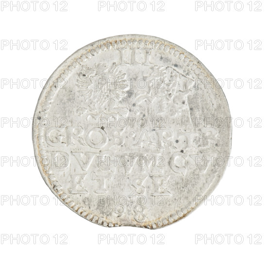 Trojak (with a bust of Wilhelm Kettler). Obverse: in the border a male bust turned to the right with long hair and a mustache, in armor decorated with a ruff, separating the rim inscription MONE · ARG · CVR · Rw. Reverse: in the border an Eagle and a Pogon (Pursuit), between them a point, above the value numeral III; below the coats of arms an inscription in four lines GROS·AR·TR/DVCVMCV/ET SE/98. 1598. Mitawa, Duchy of Courland and Semigallia. Coin; weight 2.17 g; axis 45°. Subjects and motifs: Friedrich Kettler (Duke of Courland and Semigallia; 1587–1642), Wilhelm Kettler (Duke of Courland and Semigallia; 1574/1587–1616/1640) — princely male busts and portraits (male busts in a ruff and in armor), emblems of the Kettler family, White Eagle (coat of arms), Pogon (coat of arms), portraits of the ruler to the right, portraits of the ruler with a bare head.