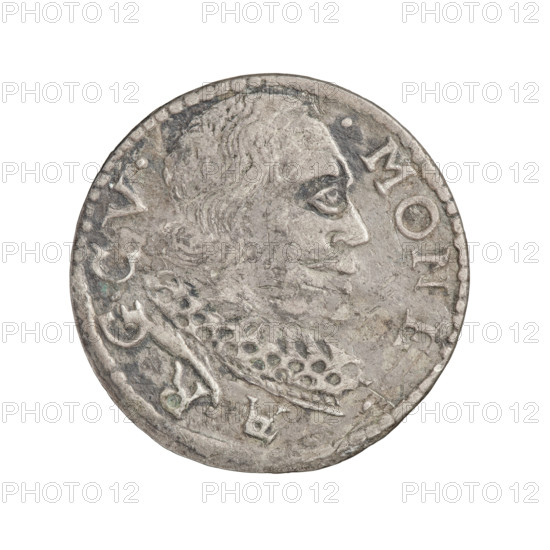 trojak (with a bust of Wilhelm Kettler); Friedrich Kettler (Duke of Courland and Semigallia; 1587–1642); Wilhelm Kettler (Duke of Courland and Semigallia; 1574/1587?–1616/1640?); Kettlers (family); emblems; busts; White Eagle (coat of arms); Pursuit (coat of arms); princely busts; male busts; male busts in a ruff; male busts in armor; busts of the ruler to the right; portraits of men in armor and a ruff; busts of the ruler in armor; male portraits; portraits of rulers with heads uncovered; male portraits facing right; Obverse: in the border a male bust facing right with long hair and a moustache, in armor decorated with a ruff, separating the rim inscription '.MONE. - A - RG.CV. - Rw.'; Reverse: in the border an Eagle and a Pursuit, above the value numeral 'III'; below the coats of arms an inscription in four lines 'GROS.AR.TR/DVCVMCV/.ET.SE./.98.'; 1598; Duchy of Courland and Semigallia, Mitawa; coin; weight 2.03 g; axis 90°