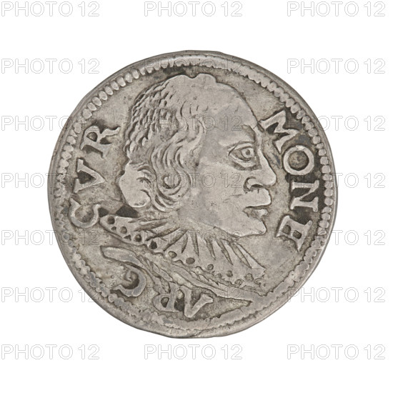 Trojak (with a bust of Wilhelm Kettler). Obverse: in the border a male bust turned to the right with long hair and a moustache, in armor decorated with a ruff, separating the rim inscription MONE · ARG · CVR · Rw. Reverse: in the border an Eagle and a Pogon (Pursuit), above the value numeral III. Below the coats of arms a dot and an inscription in four lines: GROS. AR. TR / DVC. M. CV. / ET. SE. / .98. 1598. Friedrich Kettler (Duke of Courland and Semigallia; 1587–1642); Wilhelm Kettler (Duke of Courland and Semigallia; 1574/157?–1640/1616). Subjects and motifs: Kettlers (family), emblems, busts, Pogon (coat of arms), White Eagle (coat of arms), male busts (in a ruff, in armor), princely/ruler portraits (to the right, in armor, bare head), portraits of men in armor and ruff. Duchy of Courland and Semigallia, Mitawa. Coin; weight 2.37 g; axis 90 degrees.