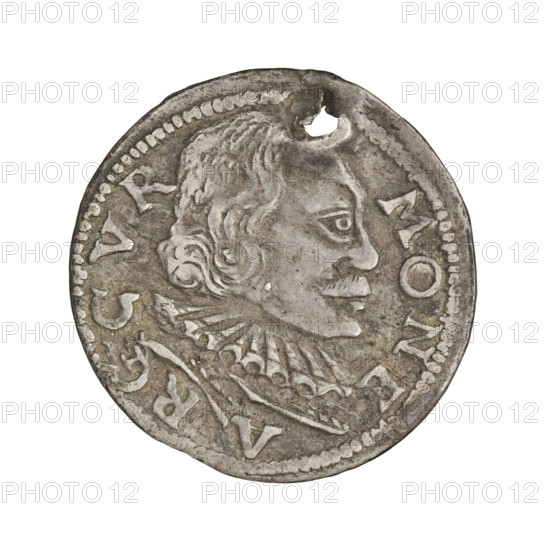 Trojak (with a bust of Wilhelm Kettler). Obverse: in the border a male bust turned to the right with long hair and a mustache, in armor decorated with a ruff, separating the rim inscription MONE·A·RG·CVR·Rw. In the border an Eagle and a Pogon (pursuit), above the value numeral III. Below the coats of arms a dot and an inscription in four lines: ROS.AR.TR/DVCVM.CV/.ET.SE/.98. Depicts Friedrich Kettler (Duke of Courland and Semigallia; 1587–1642) and Wilhelm Kettler (Duke of Courland and Semigallia; 1587–1616). Emblems: Kettlers (family), Pogon (coat of arms), White Eagle (coat of arms). Princely male bust/portrait in armor and ruff, ruler portrayed bareheaded. Dated 1598. Duchy of Courland and Semigallia, Mitawa. Coin; weight 2.25 g; axis 90°.