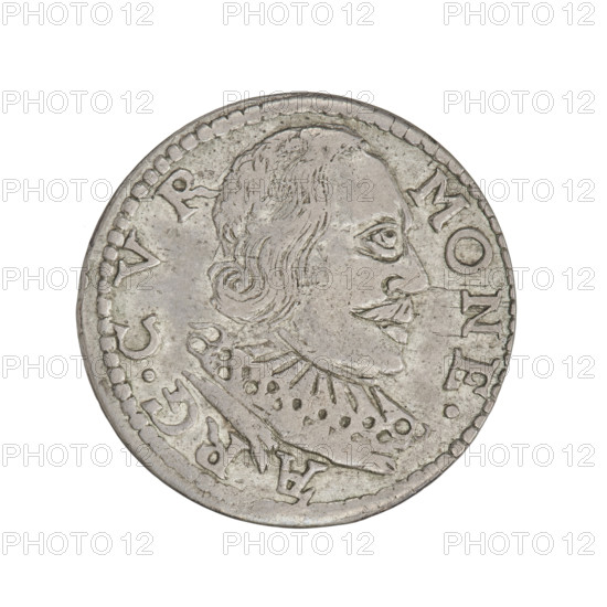 Trojak (with a bust of Wilhelm Kettler), Friedrich Kettler (Duke of Courland and Semigallia; 1587–1642), Wilhelm Kettler (Duke of Courland and Semigallia; 1587–1616); emblems; Kettlers (family); busts; White Eagle (coat of arms); Pursuit (coat of arms); princely busts; male busts in armor and ruff; busts of the ruler to the right; portraits of the ruler in armor and with bare head; Wilhelm Kettler — iconography. Obverse: in the border a male bust turned to the right with long hair and a mustache, in armor decorated with a ruff, separating the rim inscription 'MONE. - A - RG. - CVR. - Rw.' In the field: an eagle and a pursuit above the value numeral 'III.' Below the coats of arms an inscription in four lines 'GROS.AR.TR/DVCVM.CV/.ET.ES./.98.' Date: 1598. Place: Mitawa, Duchy of Courland and Semigallia. Object: coin. Weight: 2.43 g. Axis: 90 degrees.