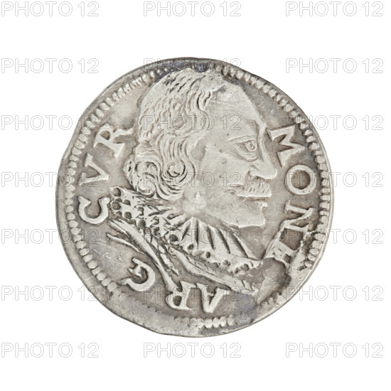 Trojak (with a bust of Wilhelm Kettler). Obverse: in the border a male bust turned to the right with long hair and a mustache, in armor decorated with a ruff, separating the rim inscription MONE·ARG·CVR·. Reverse: in the border an eagle and Pogon (Pursuit), above the value numeral III; below the coats of arms an inscription in four lines GROS.AR.TR/DVCVM CV/.ET.SE./.98. Depicts Friedrich Kettler (Duke of Courland and Semigallia; 1587–1642) and Wilhelm Kettler (Duke of Courland and Semigallia; 1587–1616). Emblems: White Eagle (coat of arms), Pogon. Iconography: male busts, princely busts, busts of the ruler in a ruff and armor, portraits of rulers (bare head and in armor). Date: 1598. Place: Duchy of Courland and Semigallia, Mitawa. Medium: coin. Weight: 2.01 g. Axis: 90°.