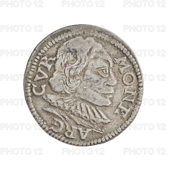 Trojak (with a bust of Wilhelm Kettler). Obverse: in the border a male bust turned to the right with long hair and a mustache, in armor decorated with a ruff, separating the rim inscription MONE · ARG · CVR ·. Reverse: in the border an Eagle and Pogon (Pursuit), above the value numeral III; below the coats of arms an inscription in four lines GROS. ARTR / DVCVM CV / .ET.SE / .98. Depicts Friedrich Kettler (Duke of Courland and Semigallia; 1587–1642) and Wilhelm Kettler (Duke of Courland and Semigallia; 1574/1587–1616/1640) iconography, emblems of the Kettler family, male busts in armor and ruff, portraits of a ruler to the right. 1598. Duchy of Courland and Semigallia, Mitawa. Coin; weight 2.23 g; axis 90°.