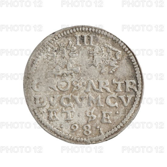 Trojak (with a bust of Wilhelm Kettler). Obverse: in the border a male bust turned to the right with long hair and a mustache, in armor decorated with a ruff, separating the rim inscription MONE·ARG·CVR·. Reverse: in the border an Eagle and Pogon (Pursuit), above the value numeral III; below the coats of arms an inscription in four lines GROS.ARTR/DVCVM CV/.ET.SE./.98. 1598. Depicts Friedrich Kettler and Wilhelm Kettler; emblems of the Kettler family, Pogon (coat of arms), White Eagle. Princely male busts and portraits (ruler in armor, with bare head), iconography of Wilhelm Kettler. Duchy of Courland and Semigallia, Mitawa. Coin; weight 2.23 g; axis 90°.