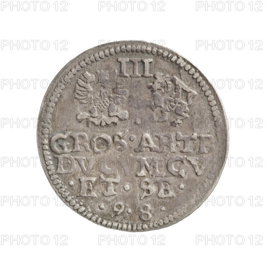 Trojak (with a bust of Wilhelm Kettler). Obverse: in the border a male bust facing right with long hair and a mustache, in armour decorated with a ruff, separating the rim inscription MONE. - ARG.CVR. Reverse: in the border an Eagle and a Pogon (Pursuit), above the value numeral III; below the coats of arms a dot and an inscription in four lines GROS.AR.TR/DVCVM.CV/.ET.SE./.9.8. Coin dated 1598. Subjects: Friedrich Kettler (Duke of Courland and Semigallia; 1587–1642), Wilhelm Kettler (Duke of Courland and Semigallia; 1574/1587–1616/1640 — variations noted), Kettler family emblems, White Eagle (coat of arms), Pogon. Duchy of Courland and Semigallia, Mitawa. Coin: trojak, weight 2.32 g, axis 45°. Portrait type: male bust in ruff and armour; princely/ruler portrait.