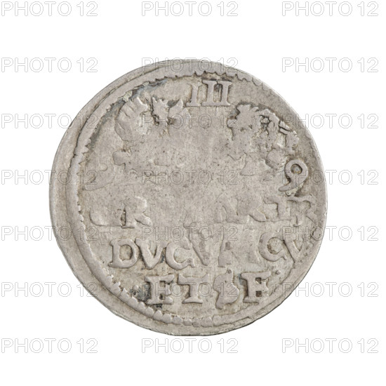 Trojak (with a bust of Wilhelm Kettler). Obverse: in the border a male bust with long hair and a mustache, facing right, in armor decorated with a ruff, separating the rim inscription '.MONE. - A - RG.CVR. - Rw.' Reverse: in the border an eagle and a chaser between the date digits 9 - 9, above the value digit III. Under the coats of arms an inscription in three lines: 'R, AR.TR/DVC, CV/.ET.SE.' Date: 1599. Makers/subjects: Friedrich Kettler (Duke of Courland and Semigallia; 1587–1642), Wilhelm Kettler (Duke of Courland and Semigallia; 1574/1587–1616/1640) — Kettlers (family). Emblems: White Eagle (coat of arms), Pursuit (coat of arms). Portrait details: busts, male portraits, princely busts, busts of the ruler in armor and ruff, portraits of a ruler with a bare head. Type: coin (trojak), Duchy of Courland and Semigallia, Mitawa. Weight: 2.08 g. Axis: 90°.