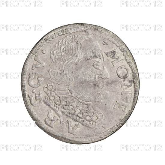 Trojak (with a bust of Wilhelm Kettler). Friedrich Kettler (Duke of Courland and Semigallia; 1587–1642); Wilhelm Kettler (Duke of Courland and Semigallia; 1574/1587–1616/1640). Emblems: Kettler family, Pogon (coat of arms), White Eagle (coat of arms). Princely male busts—male bust in a ruff; bust of the ruler in armor; male portrait to the right; portrait of a ruler with bare head. Iconography notes: Obv. in the border a male bust facing right with long hair and a mustache, in armor decorated with a ruff, separating the rim inscription .MONE. - A - RG.CV. - Rw. In the border an Eagle and a Pogon on both sides the date numerals 9 - 9, above the value numeral III. Below the coats of arms an inscription in three lines GROS ARTR/DVCVMCV/.ET SE. Date: 1599. Duchy of Courland and Semigallia, Mitawa. Coin; weight 2.05 g; axis 45°.