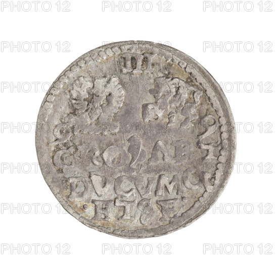 Trojak (with a bust of Wilhelm Kettler). Obverse: in the border a male bust facing right with long hair and a mustache, in armor decorated with a ruff, separating the rim inscription '.MONE. - ARG.CVR. -'. Reverse: in the border an eagle and a pursuit on both sides the date numerals '9 - 9', above the value numeral 'III'. Below the coats of arms an inscription in three lines 'GROSART/DVCVMCV/.ET.SE.' Date: 1599. Maker/Issuing authority: Friedrich Kettler and Wilhelm Kettler, Dukes of Courland and Semigallia. Place: Mitawa, Duchy of Courland and Semigallia. Object: coin (trojak). Weight: 2.21 g. Axis: 90 degrees. Subjects/emblems: emblems of the Kettler family, White Eagle (coat of arms), Pursuit (coat of arms); princely male busts and portraits (male busts in a ruff and armor; portraits of the ruler to the right; portraits of a ruler with a bare head).