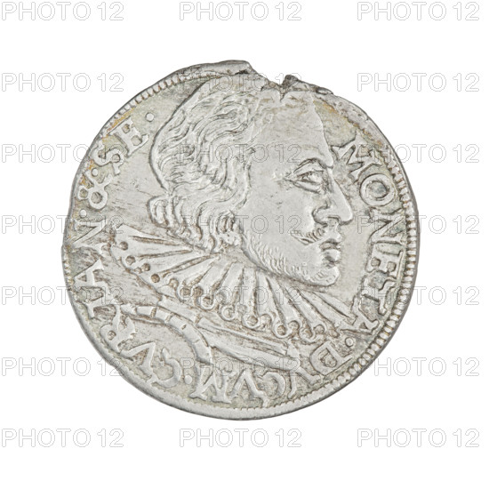 Trojak (with a bust of Wilhelm Kettler). Obverse: in the border a male bust with long hair and a moustache, in armour decorated with a ruff, turned to the right, separating the rim inscription MONETA.DVCVM.CVRLAN.&.SE. Reverse: in the border an eagle and a chaser, above the value numeral III. Under the coats of arms, an inscription in four lines with date digits separated by an arrow: GROS*ARG/TRIP.DVCV/CVR.ET.SE./*9 - 9*, 1599. Depicts Friedrich Kettler (Duke of Courland and Semigallia; 1587–1642) and Wilhelm Kettler (Duke of Courland and Semigallia; 1574/1587–1616/1640) — princely busts, emblems including White Eagle and Pursuit (coat of arms). Publisher: Hans Stippel (fl. 1612–1618). Coin (Mitawa, Duchy of Courland and Semigallia), weight 2.17 g. Rarity: R6.