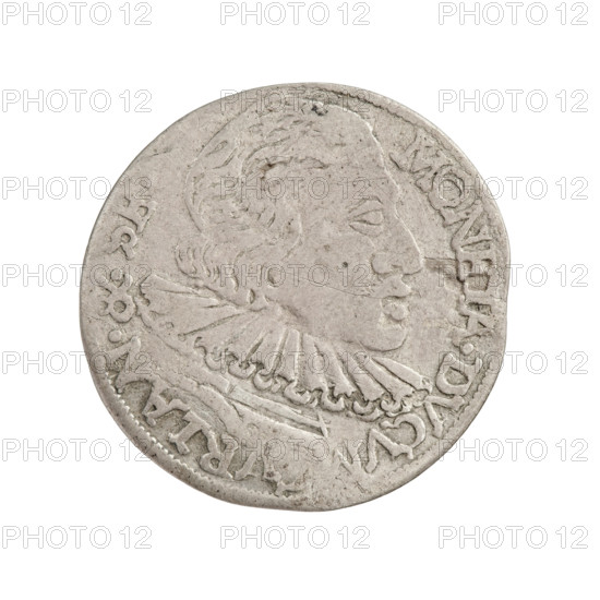 Trojak (with a bust of Wilhelm Kettler), Friedrich Kettler (Duke of Courland and Semigallia; 1587–1642), Wilhelm Kettler (Duke of Courland and Semigallia; 1574/1587–1616/1640), Stippel, Hans (fl. 1612–1618), publisher. Emblems: Kettlers (family), White Eagle (coat of arms), Pursuit (coat of arms). Depicts princely male busts: ruler's busts and portraits—male busts in a ruff and armour, facing right, portraits of the ruler with head uncovered. Rarity: R6 (rare). Obverse: in the border a male bust facing right with long hair and a moustache, in armour decorated with a ruff, separating the rim inscription .MONETA.DVCVM, VRLAN.&.SE. Reverse: in the border an eagle and a chaser, above the value numeral III. Under the coats of arms, an inscription in four lines with date digits separated by an arrow: GROS*ARG/TRIP.DVCV/CUR.ET.SE./*9 - 9*, 1599. Mitawa, Duchy of Courland and Semigallia. Coin, weight 2.33 g.