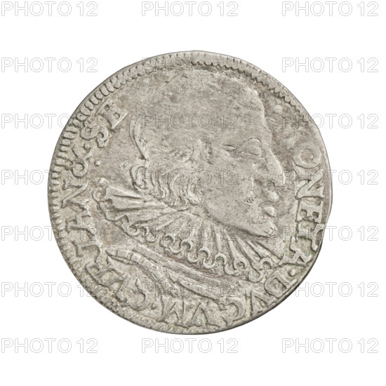 Trojak (with a bust of Wilhelm Kettler). Obverse: in the border a male bust with long hair and a moustache turned to the right, in armor decorated with a ruff, separating the rim inscription ONETA.DVCVM.CUR:LAN.&.SE. Reverse: in the border an eagle and a chaser, above the value number III; under the coats of arms, an inscription in four lines with date digits separated by an arrow: GROS*ARG/TRIP.DVCV/CVR.ET.SE./*9 - 9*; 1599. Depicts Friedrich Kettler (Duke of Courland and Semigallia; 1587–1642) and Wilhelm Kettler (Duke of Courland and Semigallia; 1574/1587–1616/1640) — busts, male portraits in armor and ruff, princely/ruler's busts; emblems include Kettlers (family), White Eagle (coat of arms), Pursuit (coat of arms). Stippel, Hans (fl. 1612–1618), publisher. Duchy of Courland and Semigallia, Mitawa; coin; weight 2.42 g. R6 (rare).