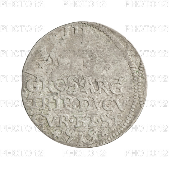 Trojak (with a bust of Wilhelm Kettler). Obverse: in border a male bust with long hair and a moustache turned to the right, in armor decorated with a ruff, separating the rim inscription 'ONETA.DVCVM.CURLAN.&.SE.' Reverse: in border an eagle and a chaser, above the value number III. Under the coats of arms, an inscription in four lines with date digits separated by an arrow: 'GROS*ARG/TRIP.DVCV/CVR.ET.SE./*9 - 9*'. Inscription date 1599. Maker/issuer: Friedrich Kettler (Duke of Courland and Semigallia; 1587–1642) and Wilhelm Kettler (Duke of Courland and Semigallia; 1574/1587–1616/1640) — iconography includes busts, male busts in ruff and armor, portraits of rulers facing right. Publisher: Hans Stippel (fl. 1612–1618). Emblems: Kettlers (family), White Eagle (coat of arms), Pursuit (coat of arms). Duchy of Courland and Semigallia, Mitawa. Coin type: trojak (coin), weight 2.42 g. R6 (rare).