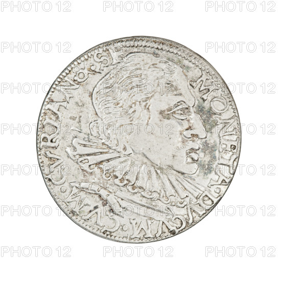 Trojak (with a bust of Wilhelm Kettler). Friedrich Kettler (Duke of Courland and Semigallia; 1587–1642); Wilhelm Kettler (Duke of Courland and Semigallia; 1574/1587–1616/1640) — iconography. Stippel, Hans (fl. 1612–1618), publisher. Coats of arms: Kettlers, White Eagle, Pursuit. Princely male busts: male busts in armour and ruff; busts of the ruler right; portraits of rulers with bare head. Rarity: R8. Obverse: in the border a male bust with long hair and a moustache, in armour decorated with a ruff, turned to the right, separating the rim inscription MONETA.DVCVM.CVM.CVRLAN.&.SE. Reverse: in the border an eagle and a chaser, above the value numeral III. Under the coats of arms, an inscription in four lines with date digits separated by an arrow: GROS*ARG/TRIP.DVCV/CVR.ET.SE/16-00 (1600). Duchy of Courland and Semigallia, Mitawa. Coin, weight 2.12 g.