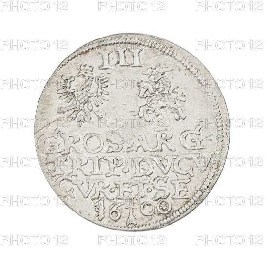 Trojak (with a bust of Wilhelm Kettler). Obverse: in the border a male bust with long hair and a moustache, in armour decorated with a ruff, turned to the right, separating the rim inscription MONETA.DVCVM.CVM.CVRLAN.&.SE. Reverse: in the border an Eagle and a Chaser, above the value numeral III. Under the coats of arms, an inscription in four lines, date digits separated by an arrow GROS*ARG/TRIP.DVCV/CVR.ET.SE/16 - 00. 1600. Duchy of Courland and Semigallia, Mitawa. Coin; weight 2.12 g. Maker: Stippel, Hans (fl. 1612–1618), publisher. Subjects and motifs: Friedrich Kettler (Duke of Courland and Semigallia; 1587–1642), Wilhelm Kettler (Duke of Courland and Semigallia; 1574/1587–1616/1640) — princely busts; coats of arms (Kettlers), White Eagle, Pursuit; male busts in armour and ruff; portraits of the ruler right; portraits of rulers; inscriptional legend. R8 (rarity).