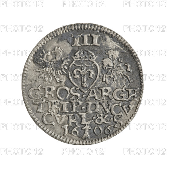 Trojak (with a bust of Wilhelm Kettler). Obverse: in the border a male bust facing right with long hair and a moustache, in armour decorated with a collar, separating rim inscription MONETA.DVCVM.CVRLA.&.SE. Reverse: in the border a crowned coat of arms with the Vasa coat of arms; on both sides of the shield an eagle and a pursuit; above the value numeral III; below the inscription in four lines GROS.ARGE/TRIP.DVCV/CVRL.&.S/16. Date: 1606. Maker/issuer: Duchy of Courland and Semigallia. Place: Mitawa. Type: coin (trojak). Weight: 2.10 g. Axis: 350°. Depicted persons: Friedrich Kettler (Duke of Courland and Semigallia; 1587–1642), Wilhelm Kettler (Duke of Courland and Semigallia; 1574/1587–1616/1640) [iconography]. Attributes: emblems, princely busts, male busts in ruff and armour, White Eagle and Pursuit coats of arms, Vasa coat of arms. Publisher/engraver: Hans Stippel (fl. 1612–1618). Rarity: R6.