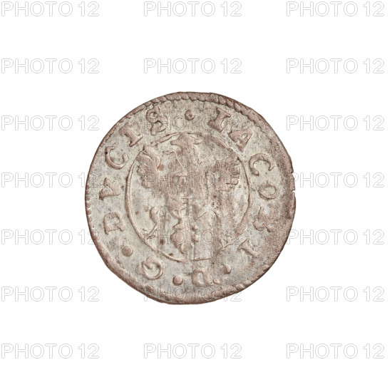 szelag, Jakub Kettler (Duke of Courland and Semigallia; 1642–1682), monogram under the ducal mitre (iconographic), emblems, tied monogram (type), eagle with the Courland shield on its breast (iconographic), coats of arms, shields, White Eagle (coat of arms), monograms, heraldic shields, Courland (coat of arms), R7 (rarity). Obv.: Eagle with the four-field coat of arms of the duchy on its breast; on the rim between the borders the inscription IACOBI.D.G.DVCIS. Rev.: Under the ducal mitre, a monogram composed of the letters HI; on the rim between the borders the inscription CVRLANDIAE.SOLIDVS. 1662. Duchy of Courland and Semigallia, Mitawa, coin, weight 0.49 g
