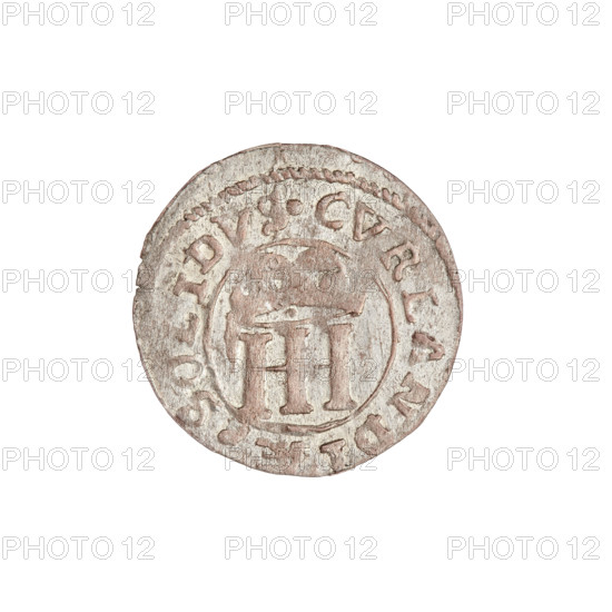 szelag, Jakub Kettler (Duke of Courland and Semigallia; 1642–1682), monogram under the ducal mitre (iconographic), emblems, tied monogram (type), eagle with the Courland shield on its breast (iconographic), coats of arms, shields, White Eagle (coat of arms), monograms, heraldic shields, Courland (coat of arms), R7 (rarity). Obv.: Eagle with the four-field coat of arms of the duchy on its breast. On the rim, between the borders, the inscription IACOBI.DGDVCIS. Rev.: Under the ducal mitre, a monogram composed of the letters HI. In the rim between the borders the inscription CVRLANDIAE.SOLIDVS. 1662. Duchy of Courland and Semigallia, Mitawa. Coin, weight 0.49 g.