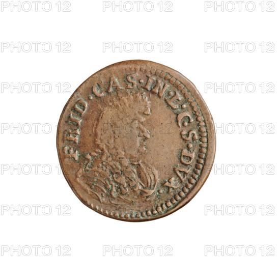 Szelag (coin), 1696. Obverse: beaded border; male bust in a wig and decorative/parade armor facing right, rim legend FRID.CAS.IN.LCSDVX. Reverse: eagle with the duchy's coat of arms (two Courland lions and two Semigallian stags alternately); rim inscription beginning with a rosette SOLIDVS.CVRLANDIAE. Maker/subject: Frederick Casimir Kettler (Duke of Courland and Semigallia, 1650–1698). Style: portrait busts/portraits in parade armor, princely iconography. Place: Mitawa (Mitau). Material: coin; weight 1.22 g.
