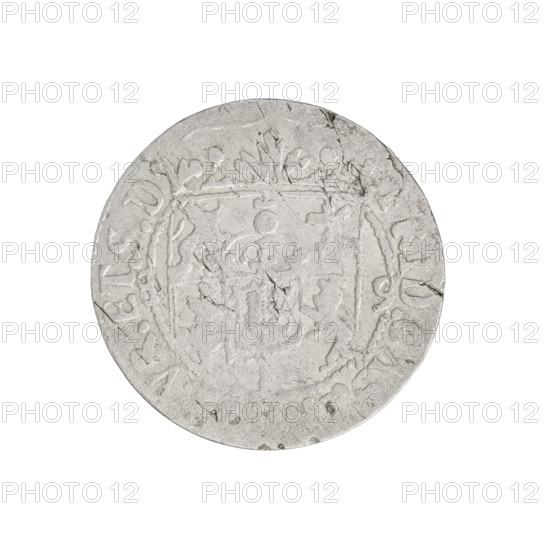 One and a half (coin), Fryderyk Kazimierz Kettler (Duke of Courland and Semigallia; 1650–1698) — iconography; Kettlers (family); coats of arms; multi-field (six-field) coat of arms shield under the ducal mitre; shields; on both sides of the shield date numerals 8 - 9; inscription in rim between rims divided by the mitre and value numeral 3: 'FRID:CAS:, VR.ET:S:D'; royal orb with a cross (Rw.) with numerals 24 in lower part of orb; inscription in rim between rims divided by a cross: 'IOH:III:DGREX.POL.MDL'; date 1689; Mitawa, Duchy of Courland and Semigallia; coin; weight 1.05 g; axis 160 degrees.