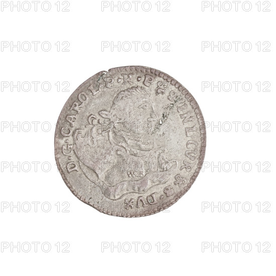 Obverse. Male bust in armor girded with a sash and wig, turned to the right, divided by the inscription in the rim 'D.G.CAROL.PRP&S.INL.CVR.&.S.DVX' — under the capitular mitre dividing the inscription, two curved coats of arms with the Eagle and the Chaser, below 'H/C 1762 S' in the rim; legend 'MONET.ARGENT.DVC.CVRLAND' — 1762. Charles Christian of Saxony (Duke of Courland and Semigallia; 1758–1763). Grosz (Konrad Henryk Schwerdtner, fl. 1759–1762). Coin; weight 1.23 g. Subjects: coats of arms (Polish–Lithuanian Commonwealth, Pogon, White Eagle), princely/male busts in armor, portraits of the ruler, portraits in ceremonial armor, Wettin family iconography.