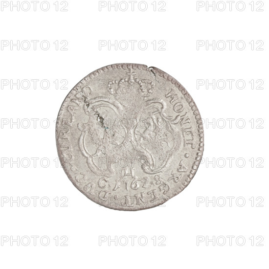 Obverse. Male bust in armor girded with a sash and wig, turned to the right, divided by the inscription in the rim 'D.G.CAROL.PRP&S.INL.CVR.&.S.DVX' - under the capitular mitre dividing the inscription in the rim, two curved coats of arms with the Eagle and the Pogon, below 'H/C 1762 S' in the rim; legend 'MONET.ARGENT.DVC.CVRLAND' — 1762. Maker: Konrad Henryk Schwerdtner (fl. 1759–1762). Subject: Charles Christian of Saxony (Duke of Courland and Semigallia; 1758–1763). Materials/format: coin (silver), weight 1.23 g. Iconography: princely male bust in armor, portraits of the ruler, coats of arms (White Eagle, Pogon), bust turned right; inscriptions and heraldry referencing the Polish–Lithuanian Commonwealth and the Wettin family.