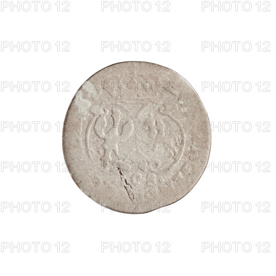 grosz; maker: Justyn Karol Schröder (master of the Mitawa mint 1763–1764); obverse: Ernest Jan Biron (Duke of Courland and Semigallia; 1763–1769), crowned ducal mitre with monogram composed of letters E J under the mitre; date numerals 17 - (on both sides); reverse: under crowned mitre two coats of arms — White Eagle and Pogon (Chaser); tied monogram type; monograms, shields; inscription fragments .ICS. and RGE; date range 1763–1764; Duchy of Courland and Semigallia, Mitawa; coin, weight 1.06 g