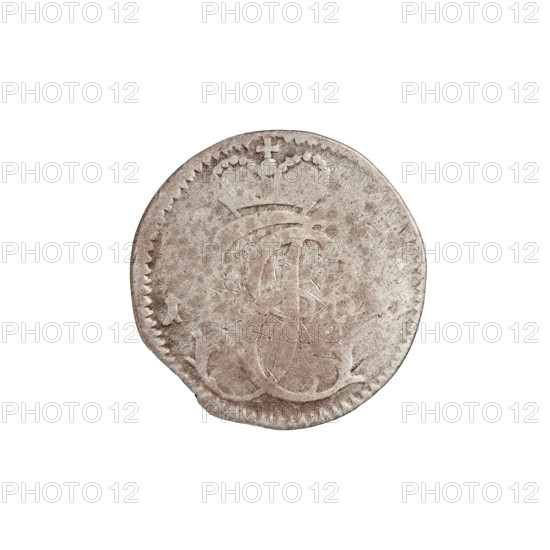 Grosz. Maker: Justyn Karol Schröder (master of the Mitawa mint 1763–1764). Subject: Ernest Jan Biron (Duke of Courland and Semigallia; 1763–1769). Obverse/inscriptions/features: monogram under the ducal mitre (iconographic); tied monogram (type) composed of the letters E J in the rim under the ducal mitre; date numerals 1 - on both sides; inscription elements including .ICS. in the rim and N.ARGENT.DVC:CVRLAND. Heraldry: coats of arms present — White Eagle (Polish–Lithuanian Commonwealth), Pogon (Chaser), shields; Biron family arms. Date/place: 1763–1764, Mitawa, Duchy of Courland and Semigallia. Object: coin, weight 1.09 g.