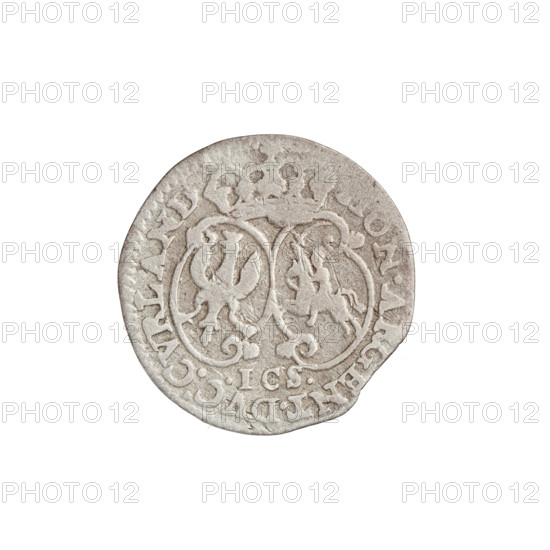 Grosz. Maker: Justyn Karol Schröder (master of the Mitawa mint 1763–1764). Obverse: Ernest Jan Biron (Duke of Courland and Semigallia; 1763–1769), crowned mitre, monogram under the ducal mitre composed of the letters EJ, tied monogram type. Both sides show date numerals 1 - (obverse) and on the reverse under the crowned mitre two coats of arms with the White Eagle and the Pogon (Chaser). In the rim: .ICS. and inscription N.ARGENT.DVC:CVRLAND, 1763–1764. Place: Mitawa, Duchy of Courland and Semigallia. Coin, weight 1.09 g.