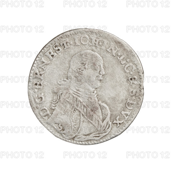 trojak; publisher: Schröder, Jerzy Antoni; engraver/mintmaster: Schröder, Justyn Karol (master of the Mitawa mint 1763–1764); subject: Ernest Jan Biron (Duke of Courland and Semigallia ; 1763–1769; 1690–1772) — iconography includes coats of arms, White Eagle, Pogon, princely busts, male busts in armour, male portraits facing right, portraits of the ruler in rich/parade armour, shields; obverse: in the border a male bust in armour girded with a sash and wearing a wig, turned right, divided by an inscription in the rim; on the right shoulder the lettered inscription 'S D.G.ERNEST.IOH.IN.LC&.S.DVX'; reverse: under a crown/mitre separating the rim inscription two coat-of-arms shields with the Eagle and the Chaser, below the value number '3' with letters 'ICS' beneath; rim legend 'MON.ARGEN. VC.CVRLAND. - 1764'; function/format: trojak (coin) of the Duchy of Courland and Semigallia, Mitawa; weight 1.57 g.