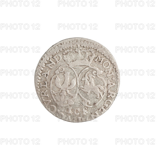 Ernest Jan Biron (Duke of Courland and Semigallia; 1763–1769), Schröder, Justyn Karol (master of the Mitawa mint 1763–1764). Grosz coin, silver (MON. ARGENT.), Duchy of Courland and Semigallia, Mitawa, 1763–1764; weight 1.00 g. Obverse: under the ducal mitre a tied monogram composed of the letters E J; date numerals 17 - 6 at sides. Reverse: under the crowned mitre two coats of arms — White Eagle and Pogon (Chaser); rim inscription MON.ARGENT.DVC:CVRLAND, 1763–1764. Coats of arms, shields, monograms; Biron family.