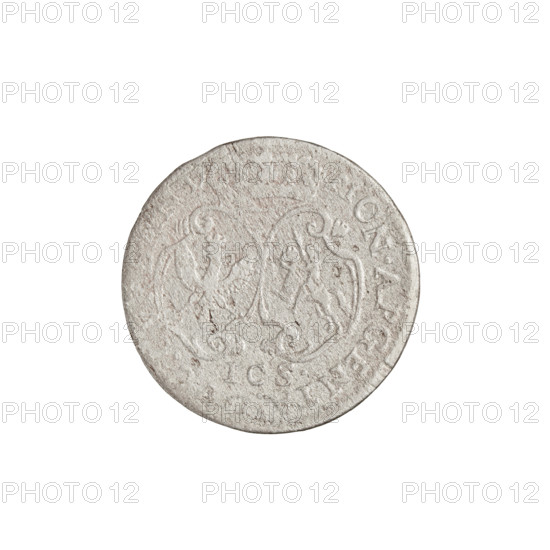 grosz; maker: Justyn Karol Schröder (master of the Mitawa mint 1763–1764); subject: Ernest Jan Biron (Duke of Courland and Semigallia, 1763–1769); monogram under the ducal mitre (iconographic), tied monogram type composed of letters E J; Polish–Lithuanian Commonwealth coat of arms (White Eagle) and Pogon (Chaser) on shields; inscription in rim: under the crowned mitre two coats of arms with the Eagle and the Chaser, below .ICS.; rim legends: MON.ARGEN and date numerals 1763–1764; Duchy of Courland and Semigallia, Mitawa; coin; weight 1.24 g